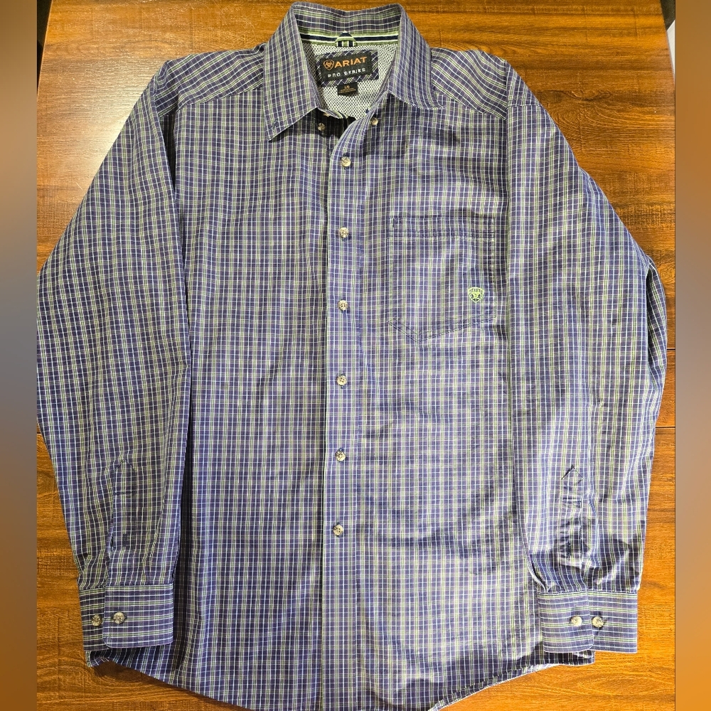 Ariat MensPro Series Blue/ Green Plaid Long Sleeve Button Shirt L
